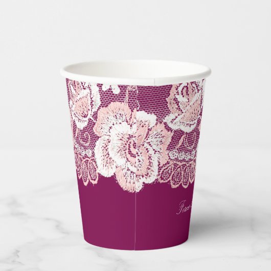 Gobelets En Papier Mariage floral dentelle rose romantique (Droite)