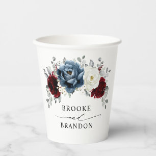Gobelets En Papier Mariage floral d'ivoire blanc bleu ardoise