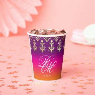 Gobelets En Papier Mariage indien Monogramme Damask rose violet orang
