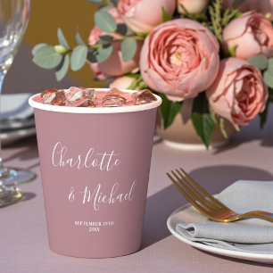 Gobelets En Papier Mariage Moderne Tendance Rose Poussiéreuse Écritur