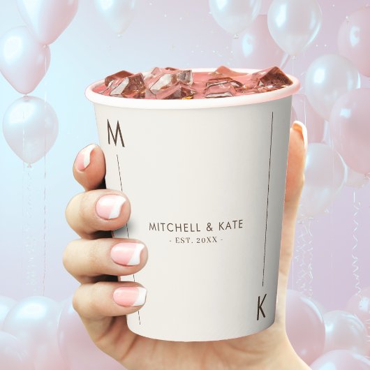 Gobelets En Papier Mariage Monogramme à Ligne Simple Marron Beige