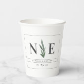 Gobelets En Papier mariage monogramme floral à aquarelle feuillue (Verso)