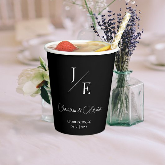 Gobelets En Papier Mariage monogramme minimal | Noir
