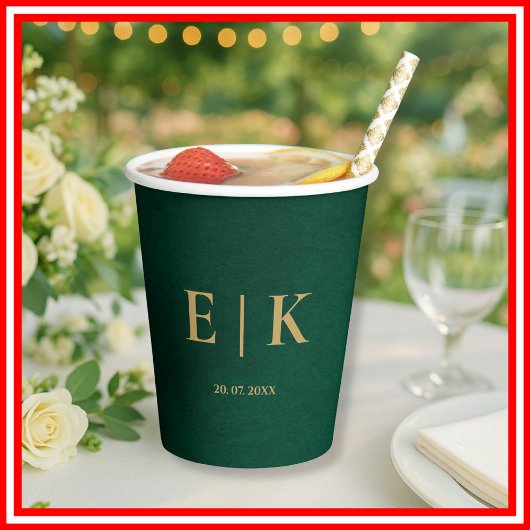 Gobelets En Papier Mariage Monogramme Vert Émeraude & Or