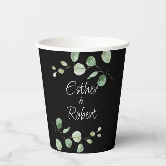 Gobelets En Papier Mariage noir minimaliste classique Eucalyptus (Recto)