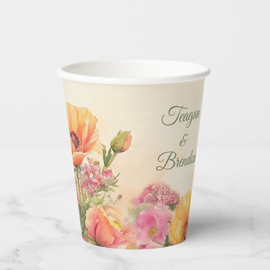 Gobelets En Papier Mariage Peach Et Rose Aquarelle (Recto)