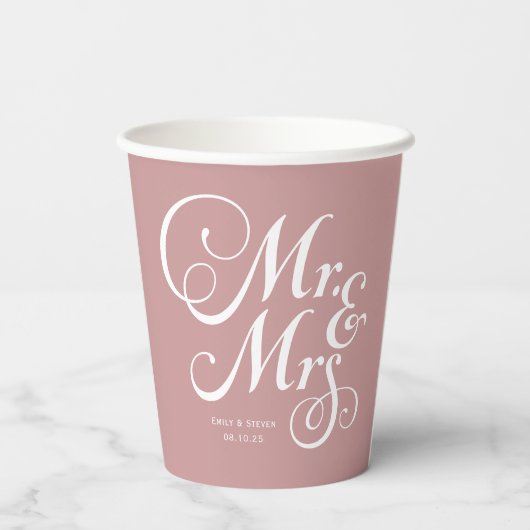 Gobelets En Papier Mariage rustique m & mrs Dusty Pink personnalisé (Verso)