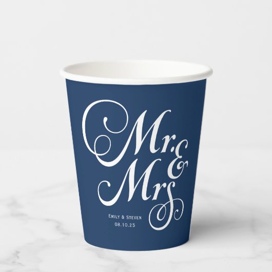 Gobelets En Papier Mariage rustique m & mrs Navy Blue personnalisé (Verso)