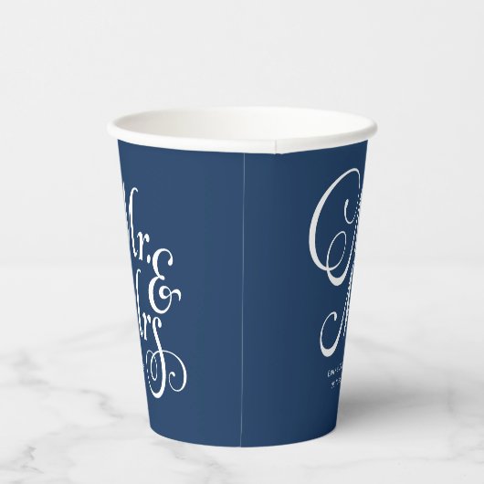 Gobelets En Papier Mariage rustique m & mrs Navy Blue personnalisé (Droite)
