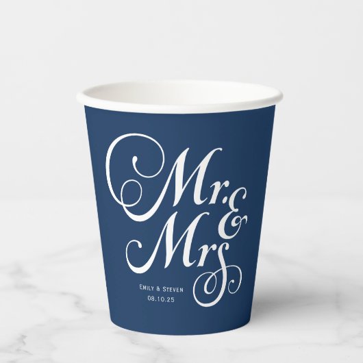 Gobelets En Papier Mariage rustique m & mrs Navy Blue personnalisé (Recto)
