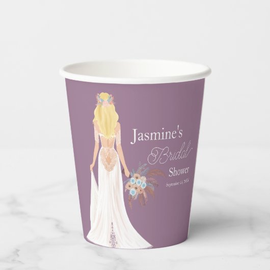 Gobelets En Papier Mariée Bohème aux Cheveux Blonds avec Fleurs (Verso)