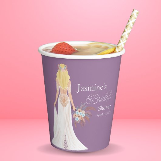 Gobelets En Papier Mariée Bohème aux Cheveux Blonds avec Fleurs