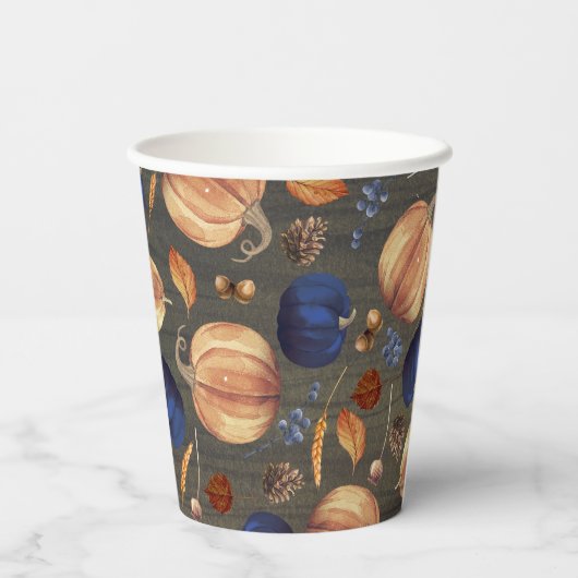 Gobelets En Papier Marine Bleu Orange Citrouille Automne Harvest Bois (Verso)