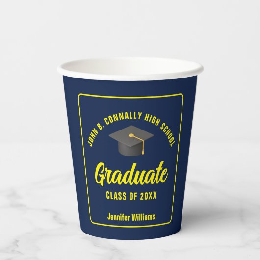Gobelets En Papier Marine Blue Jaune Graduate Custom Party (Verso)
