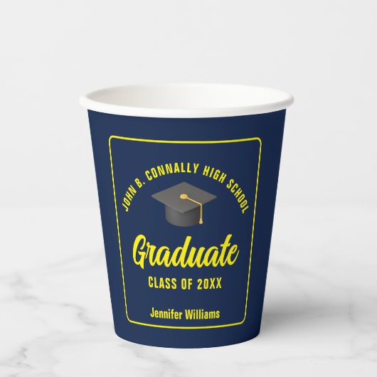 Gobelets En Papier Marine Blue Jaune Graduate Custom Party (Recto)