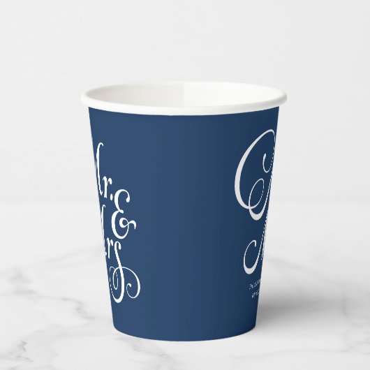 Gobelets En Papier Marine Blue M. & Mme mariage rustique personnalisé (Gauche)