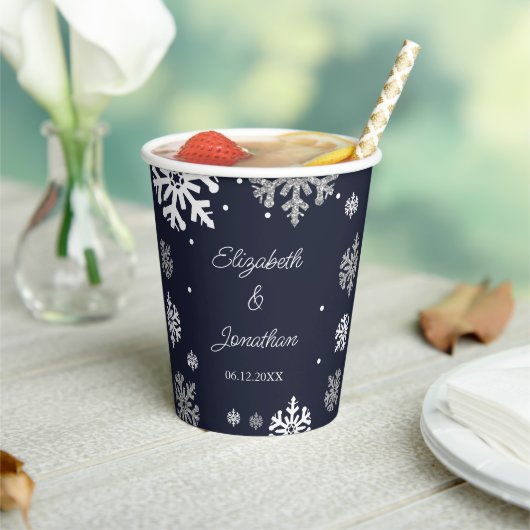 Gobelets En Papier Marine Blue Snowflakes Mariage d'hiver (Insitu)