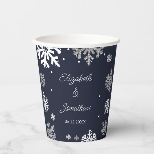 Gobelets En Papier Marine Blue Snowflakes Mariage d'hiver (Recto)