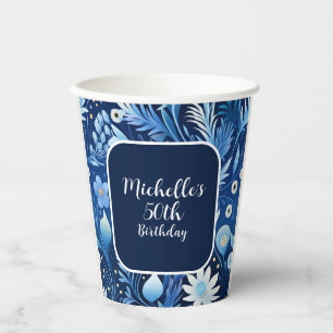 Gobelets En Papier Marine Dusty Blue Flowers 50e anniversaire