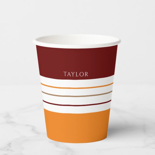 Gobelets En Papier Maroon Autum Orange Stripes De Nom (Recto)
