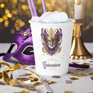 Gobelets En Papier Masquerade Motif Quinceanera Purple Gold ID1031
