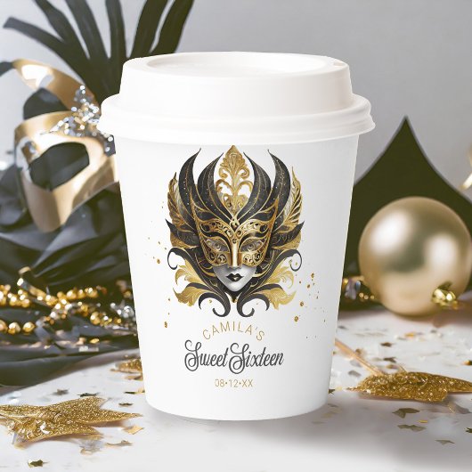 Gobelets En Papier Masquerade Motif Sweet 16 Black Gold ID1032