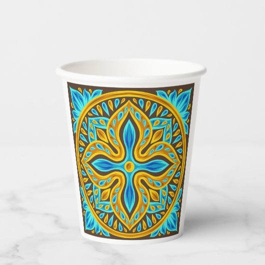 Gobelets En Papier Mediterranean Moroccan Tile Pattern Blue and Gold (Recto)