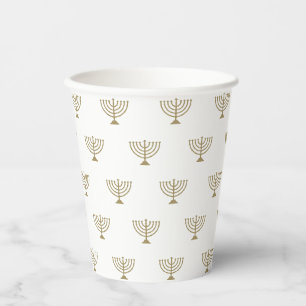 Gobelets En Papier Ménorah juive or et motif blanc Hanoukka