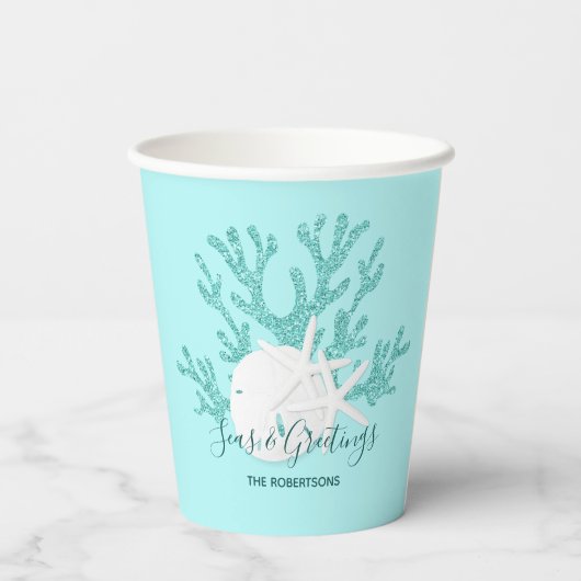 Gobelets En Papier Mer côtière et salutations Noël Plage Aqua Bleu (Verso)