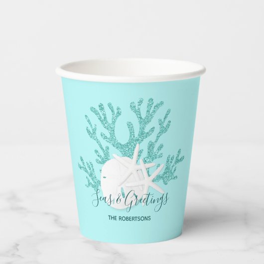 Gobelets En Papier Mer côtière et salutations Noël Plage Aqua Bleu (Recto)