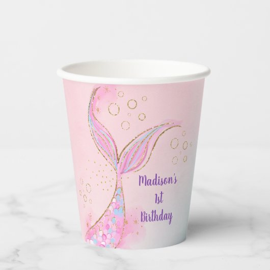 Gobelets En Papier Mermaid Pink Gold Sous La Mer Anniversaire (Recto)