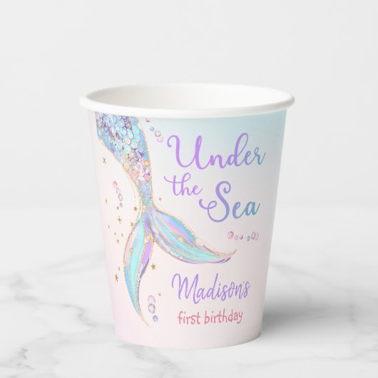 Gobelets En Papier Mermaid Summer Pool 1ère fête d'anniversaire (Recto)