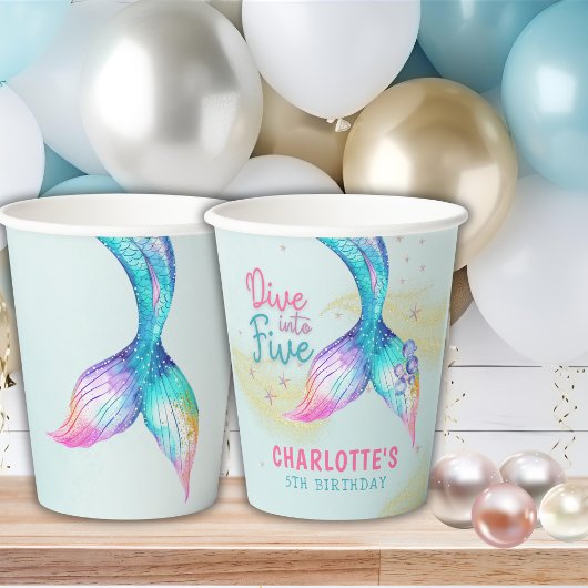 Gobelets En Papier Mermaid Tail Glitter Dive into Five 5th birthday
