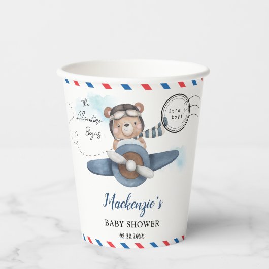 Gobelets En Papier Mignonne Bear Plane Aventure Commence Baby shower (Recto)