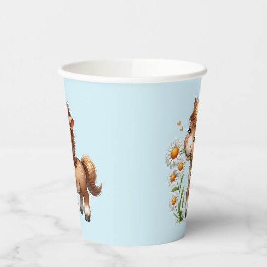 Gobelets En Papier Mignonne Pony Mange Manger Des Marguerites (Gauche)
