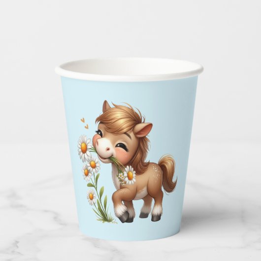Gobelets En Papier Mignonne Pony Mange Manger Des Marguerites (Recto)