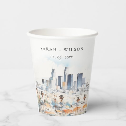 Gobelets En Papier Minimal Los Angeles, Californie Mariage d'aquarell (Recto)