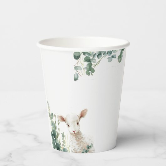 Gobelets En Papier Minuscule agneau de bébé et baptême d'Eucalyptus (Verso)