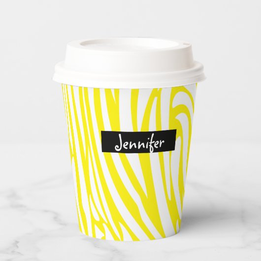 Gobelets En Papier Modèle de zèbre à rayures jaunes et blanches monog (Recto)