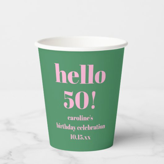 Gobelets En Papier Modern Bold Pink Green 50th Birthday Custom (Recto)