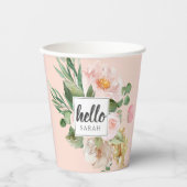 Gobelets En Papier Modern Watercolor Pink Flowers & Hello & Nom (Recto)