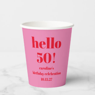 Gobelets En Papier Moderne Anniversaire 50 Ans Personnalisé Rose Roug
