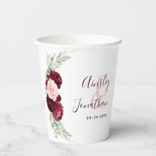 Gobelets En Papier Moderne Bourgogne Blush Floral Greenery Mariage (Verso)