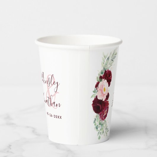 Gobelets En Papier Moderne Bourgogne Blush Floral Greenery Mariage (Droite)