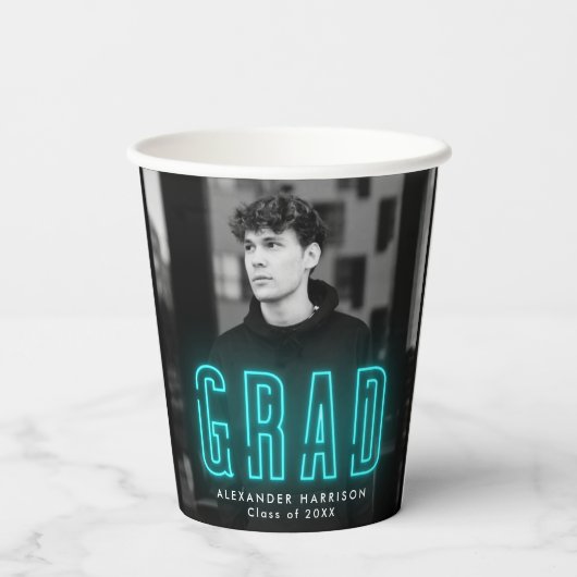Gobelets En Papier Moderne Cyan Neon Graduation (Verso)