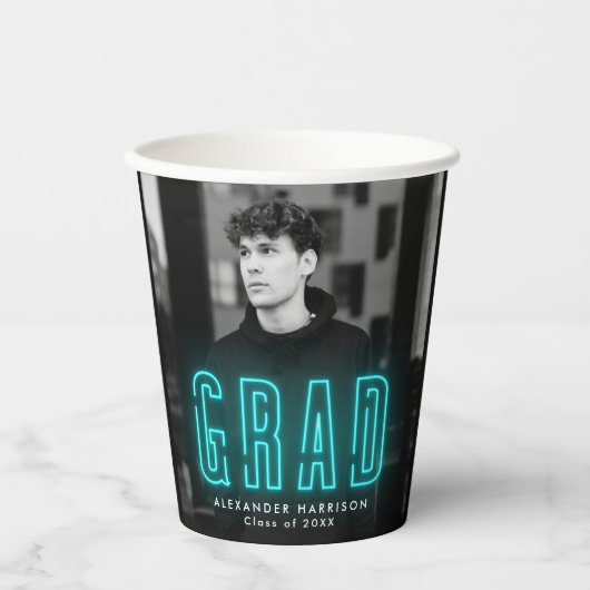 Gobelets En Papier Moderne Cyan Neon Graduation (Recto)