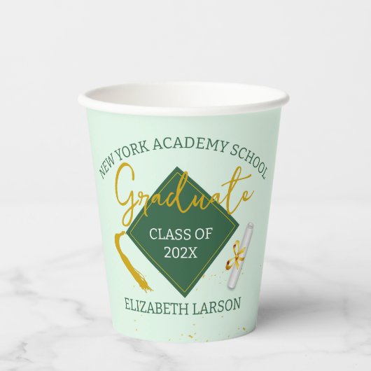 Gobelets En Papier Moderne Élégant Senior Green Thème Graduation (Recto)