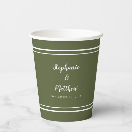 Gobelets En Papier Moderne Mariée & Groom Mariage Simple Vert Olive P (Verso)