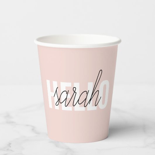 Gobelets En Papier Moderne Pastel Rose Bonjour Et Vous Nom (Verso)