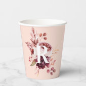 Gobelets En Papier Moderne Pastel Rose & Flore Rouge Avec Initiale (Recto)